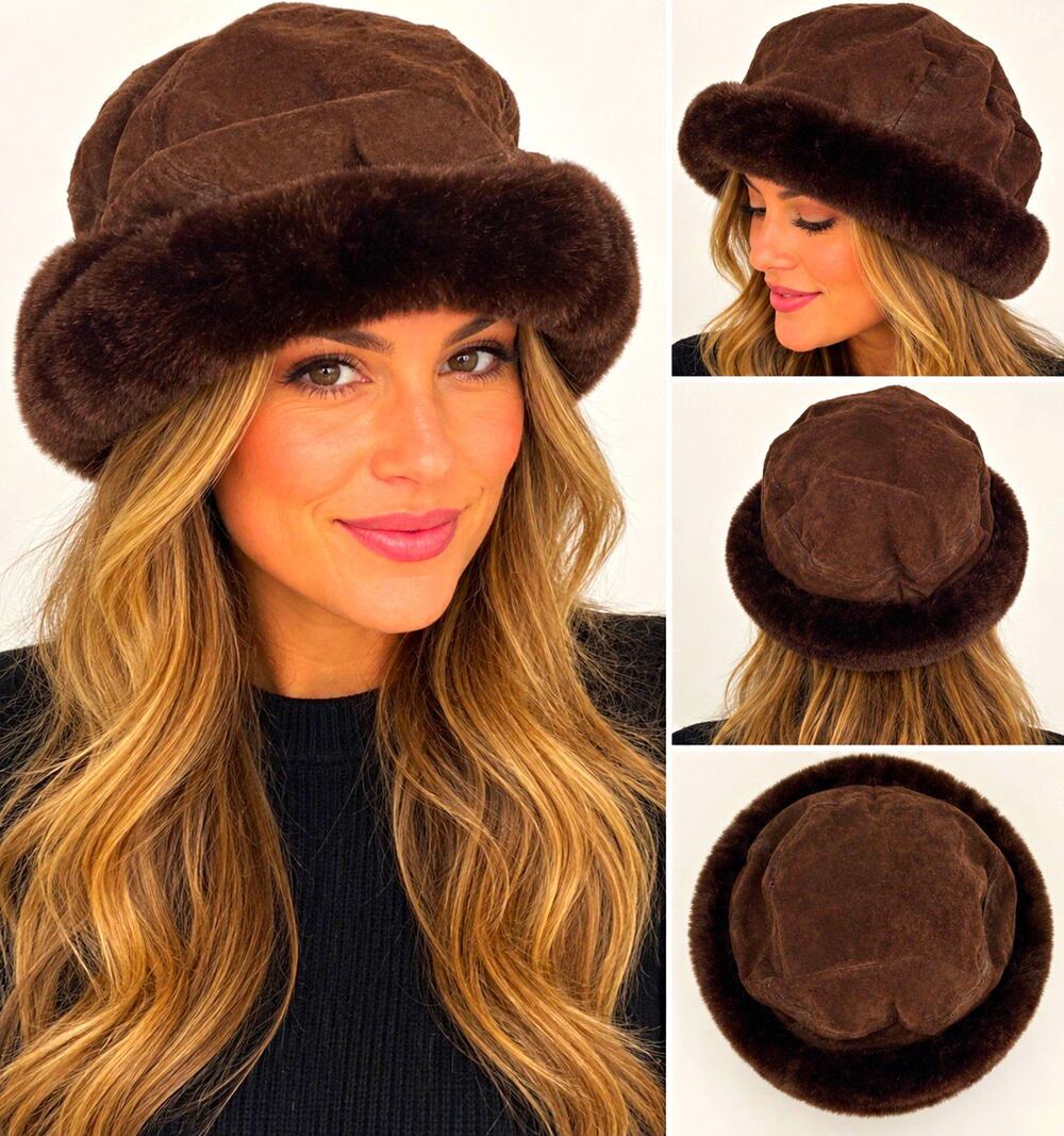 Vintage L’Hiver en Folie Genuine Suede Fur Trim Winter Hat Large Brown